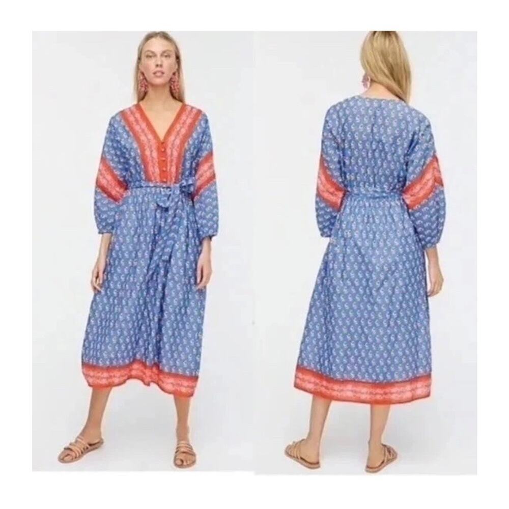 J. Crew Beachwear Cotton Dress XS Blue Red Relaxed Floral Resort Wear Vacation
